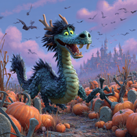 Space dragon Blue from a magic Halloween movie. Monster-like creature with horns and a snake-like body amidst pumpkins and bats in a Halloween-themed setting.
